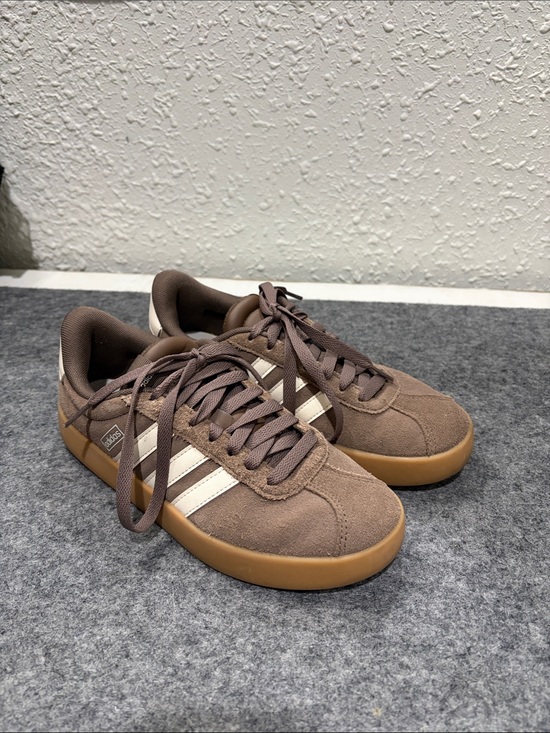 adidas Shoes - adidas Brown Suede Sneakers with White Stripes